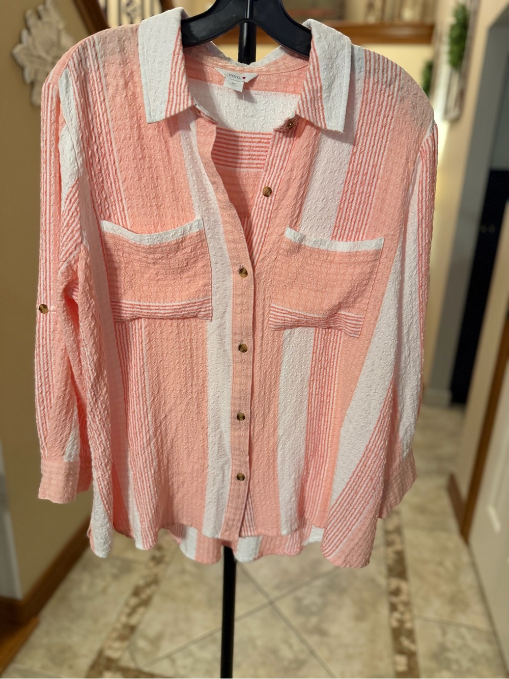 Intro Pink White Striped Textured Button Down Shirt Medium